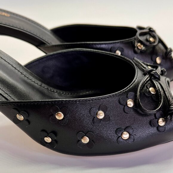Larroude Jasmine Black Studded Leather Mule Size 8 Peep Toe Heel Slip-On - Picture 14 of 16